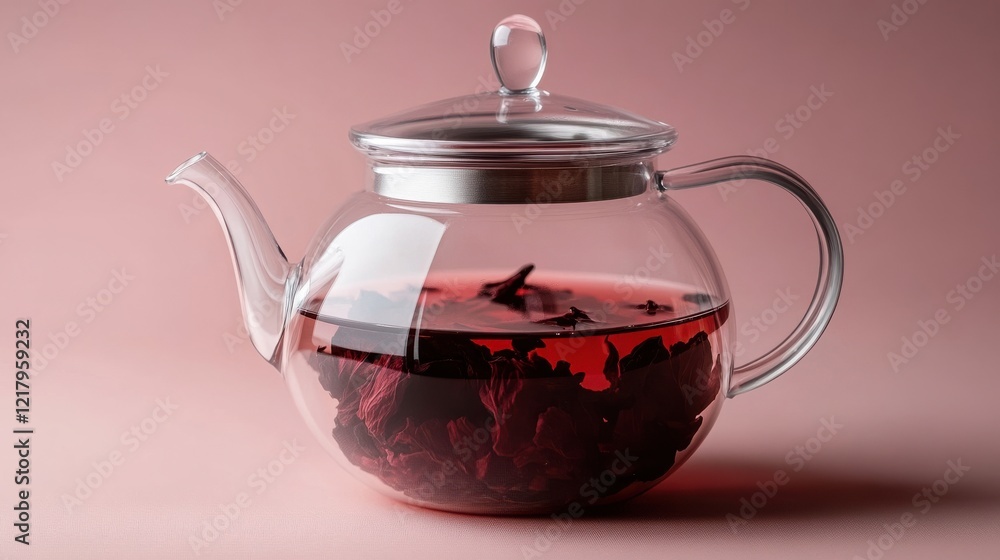 Bright red hibiscus tea steeping in a clear glass teapot set against a soft pink backdrop during a cozy afternoon Bright red hibiscus tea steeping in a clear glass teapot set against a soft pink backdrop during a cozy afternoon