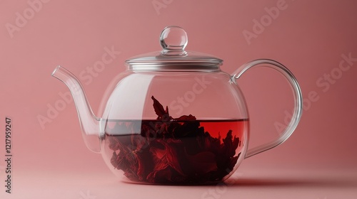 Enjoying a deep red hibiscus tea in a glass teapot against a soft pink background for a relaxing afternoon experience photo