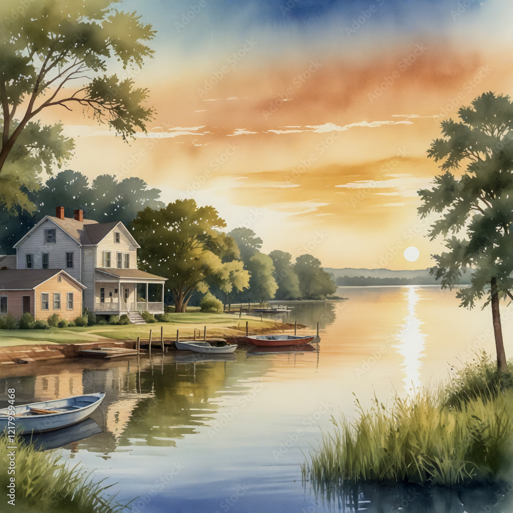 Fototapeta premium watercolor illustration of Eufaula, Oklahoma, capturing its lakeside charm and natural beauty