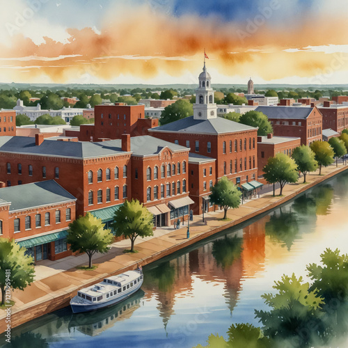 watercolor illustration of Muskogee, Oklahoma, capturing its rich cultural heritage and natural beauty. photo