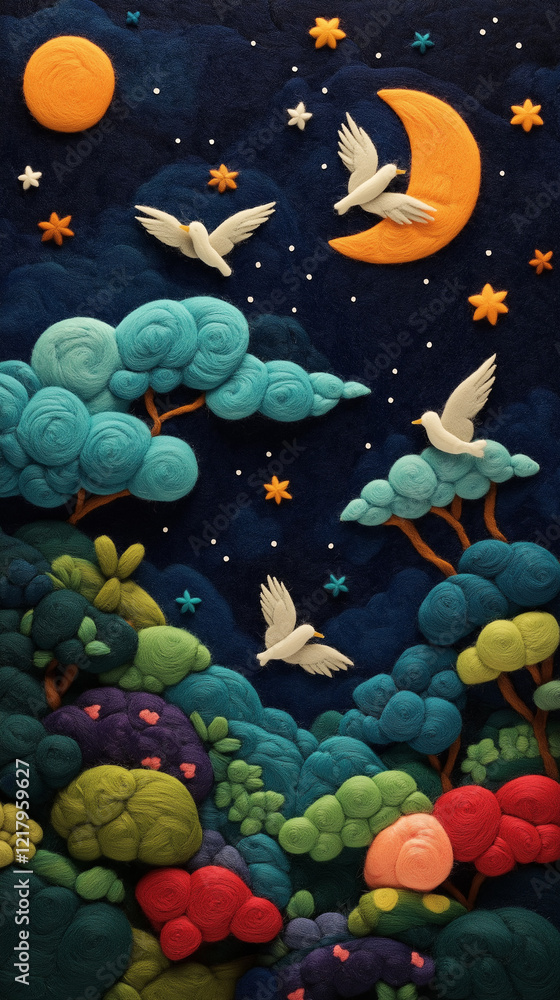 Obraz premium 日本の伝統作品｜繊細なフェルトで作成された満月、星空、飛び立つ鳥と田舎の風景のハンドメイドによる作品。絵本のような優しい絵柄は挿絵やイメージ画としても使用出来、見る人の心を癒す。スマートフォン9:16のアスペクト比 