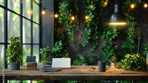 Sustainable Workspace with Solar-Powered Desk Lamps and Greenery