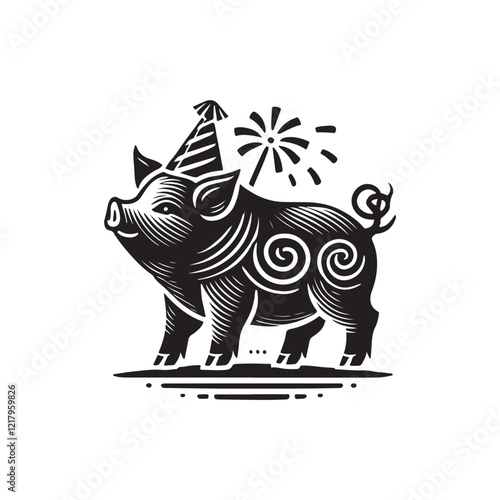 Black Color Miniature Pig silhouette design Vector Illustration, Solid White Background (12).eps