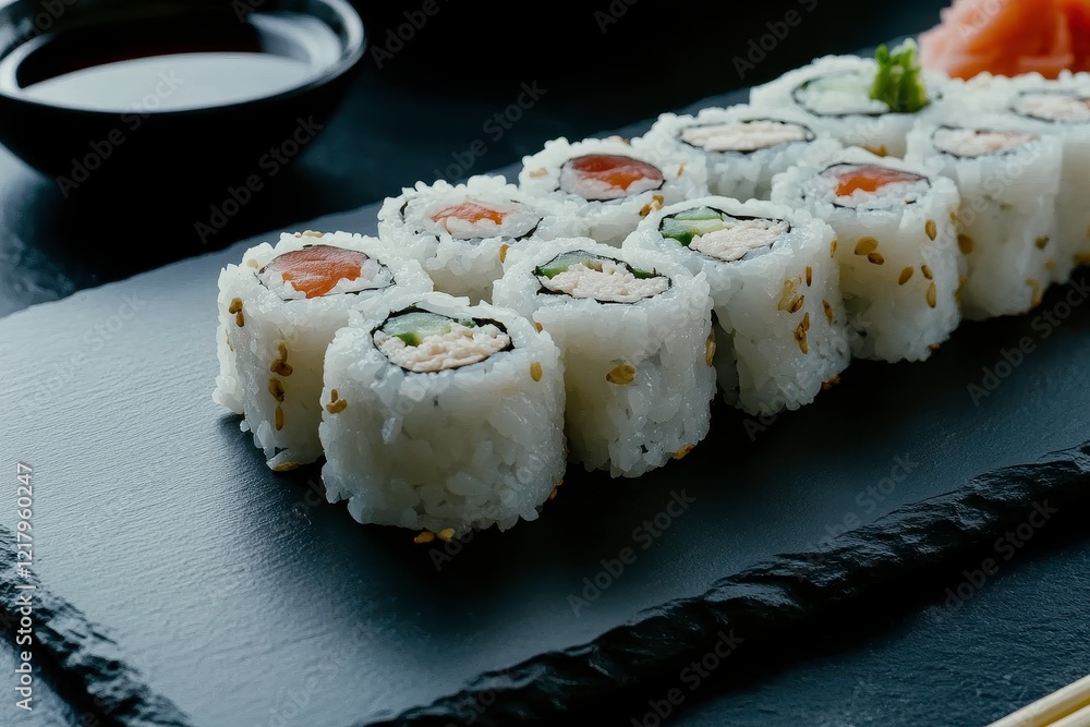 Freshly prepared sushi rolls featuring a variety of fillings including salmon, cucumber, and cream cheese served on a black slate plate with accompaniments Freshly prepared sushi rolls featuring a variety of fillings including salmon, cucumber, and cream cheese served on a black slate plate with accompaniments