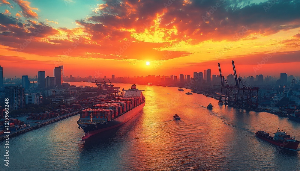Fototapeta premium Vibrant Sunset Over City Port with Cargo Ship