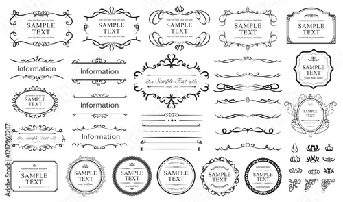 Old ornate labels and borders. Vintage frames and scroll elements. Set of text delimiters and corner. Vector ornament..eps