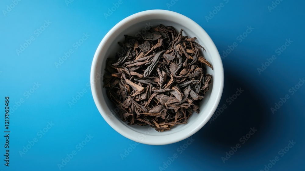 Lapsang souchong tea leaves scattered in a white bowl on a blue surface showcasing their unique appearance and texture Lapsang souchong tea leaves scattered in a white bowl on a blue surface showcasing their unique appearance and texture