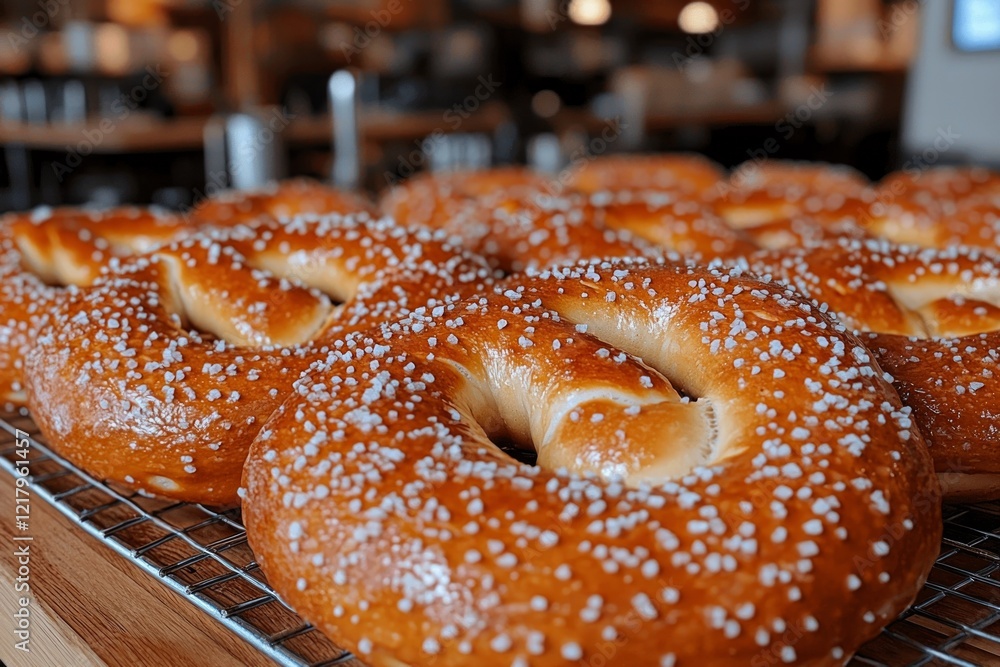 Freshly baked golden brown pretzels sprinkled coarse salt are cooling on wooden rack in warm inviting kitchen evoking sense of comfort and homemade goodness. Freshly baked golden brown pretzels sprinkled coarse salt are cooling on wooden rack in warm inviting kitchen evoking sense of comfort and homemade goodness.