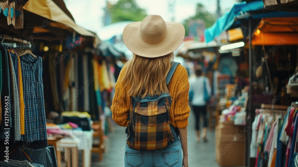 Obraz premium A young woman walking through the vibrant stalls of Chatuchak Market, browsing for trendy clothes and accessories while enjoying her trip.