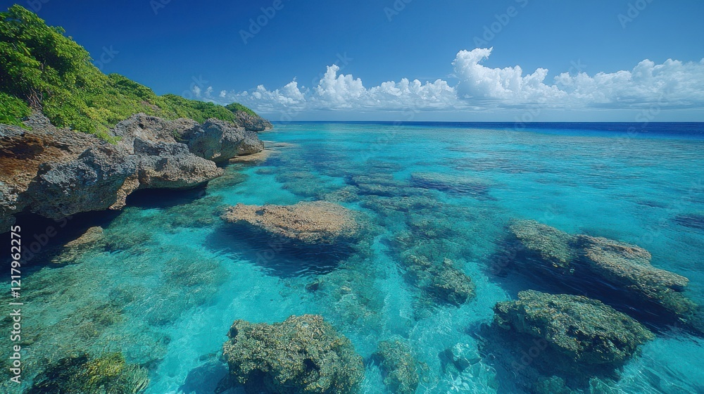 Clear turquoise ocean water with rocks and coastline against a deep blue sky and clouds Clear turquoise ocean water with rocks and coastline against a deep blue sky and clouds