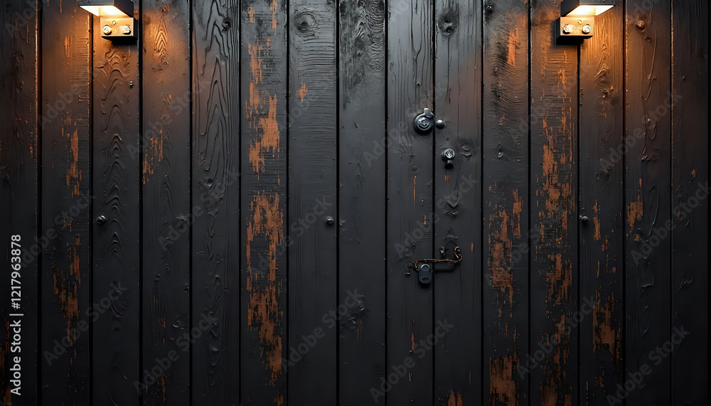 Fototapeta premium A dark wooden wall with two lights on it.