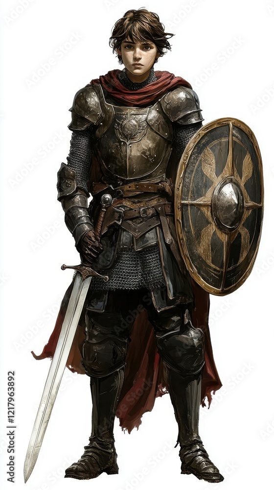 Young Knight Standing in Full Armor With Sword and Shield Young Knight Standing in Full Armor With Sword and Shield