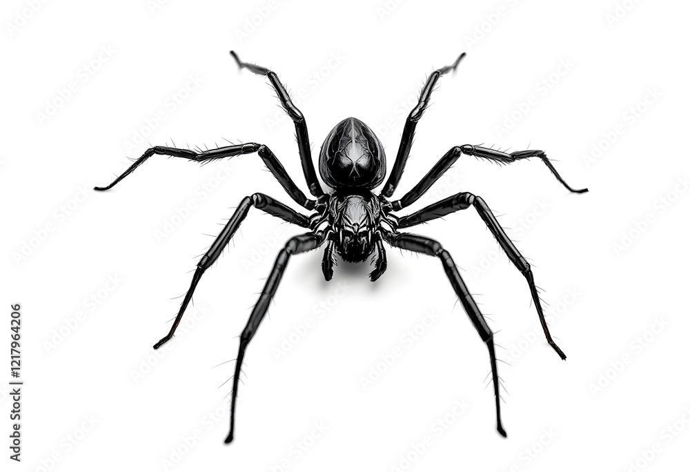 Close-up of a large black spider against a white background. Close-up of a large black spider against a white background.