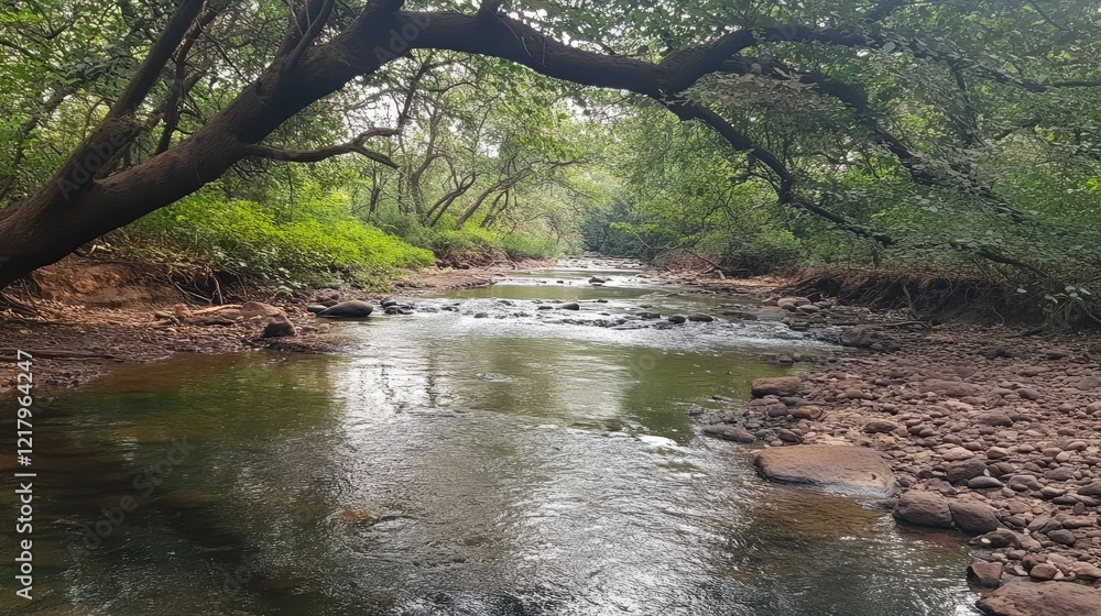 Stream in a dense forest flowing over smooth pebbles and under fallen tree branches, with lush greenery creating a peaceful vibe. Stream in a dense forest flowing over smooth pebbles and under fallen tree branches, with lush greenery creating a peaceful vibe.