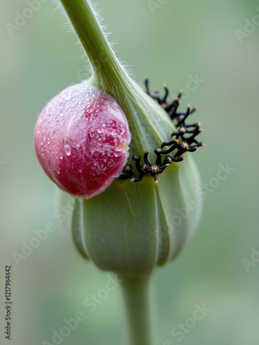 Dehiscing capsule of Papaver somniferum in development on flower photo