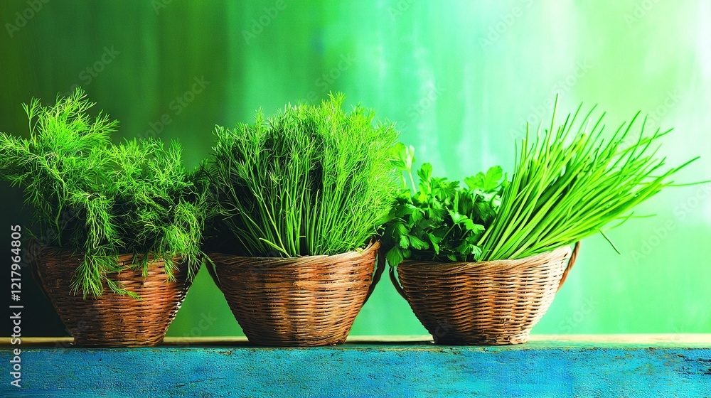 Three baskets containing diverse green foliage sit atop a blue wooden table Three baskets containing diverse green foliage sit atop a blue wooden table