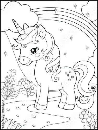 Illustration of a cute baby unicorn cartoon character. Black and white Printable Unicorn coloring page for kids.