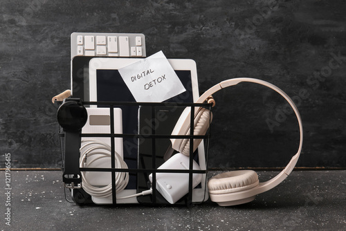 Modern gadgets in basket an...