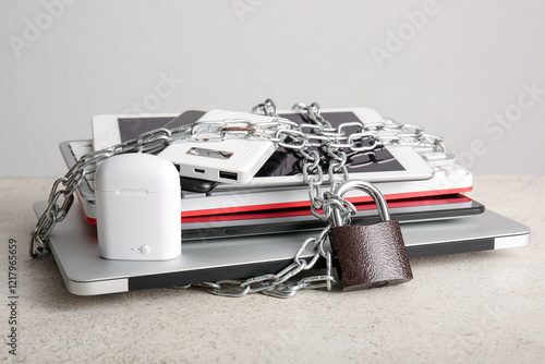 Stack of modern gadgets tie...