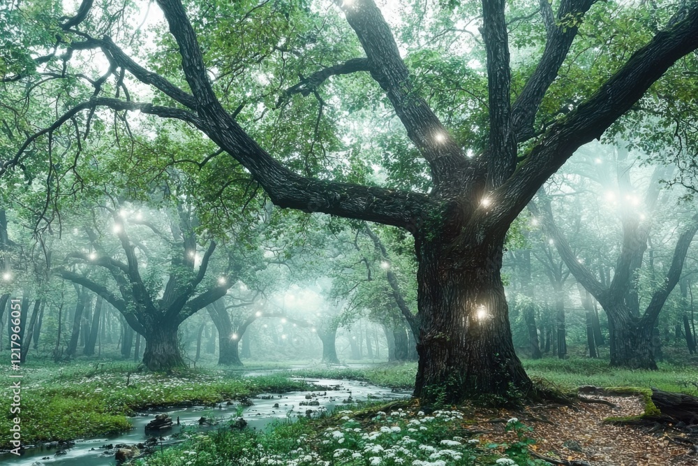 Naklejka premium enchanted forest with radiant glades