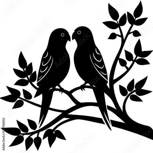 lovebirds perched on a tree branch silhouette vector illustration 