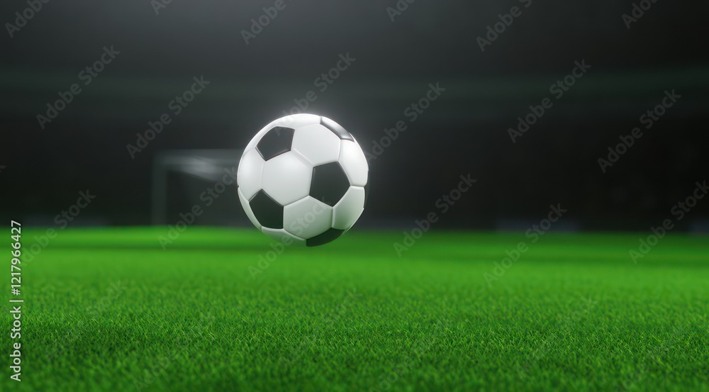A close-up of a soccer ball hovering over a grassy field. A close-up of a soccer ball hovering over a grassy field.