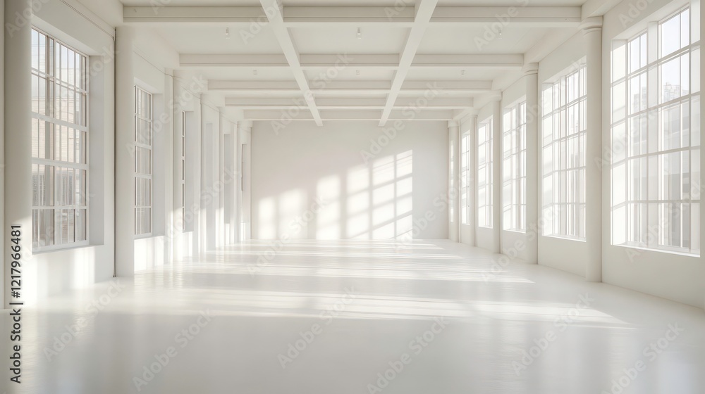 Sunlit, minimalist white room interior with large windows and high ceilings. Sunlit, minimalist white room interior with large windows and high ceilings.