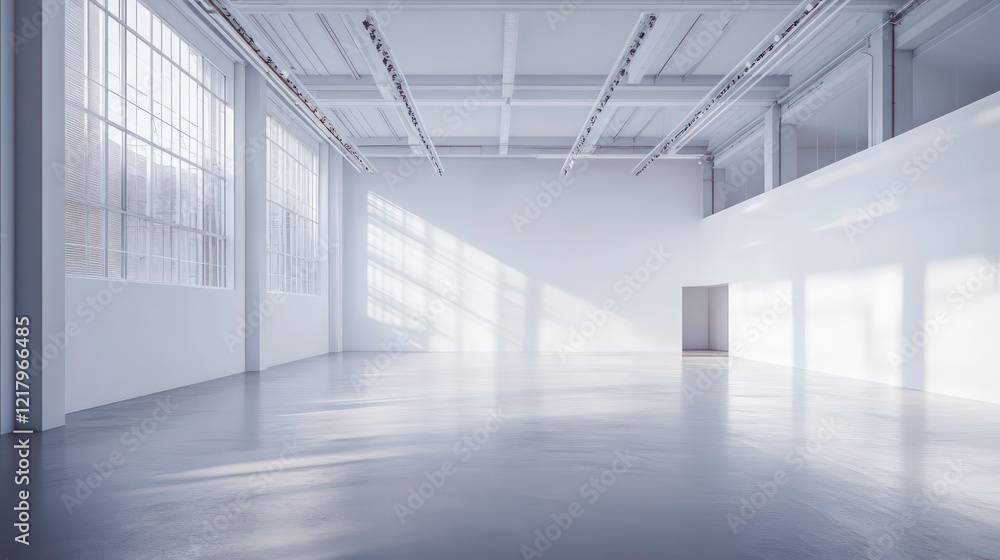 Sunlit empty white spacious room with large windows and high ceiling. Sunlit empty white spacious room with large windows and high ceiling.