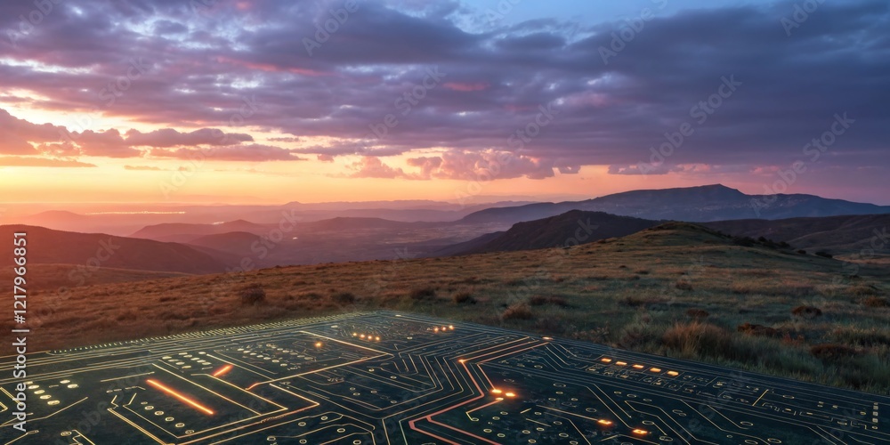 Stunning sunset over mountains with electronic circuit design on the ground at twilight