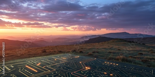 Obraz na płótnie Stunning sunset over mountains with electronic circuit design on the ground at twilight w salonie