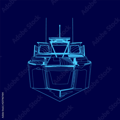 Blue boat is shown in a blue background. The boat is shown in a stylized way, with the front of the boat being the main focus