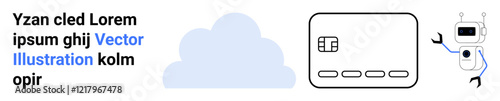 Cloud icon, text with placeholder text, credit card with chip, and waving robot with antennae and a screen. Ideal for cloud technology, cybersecurity, online transactions, AI, fintech digital
