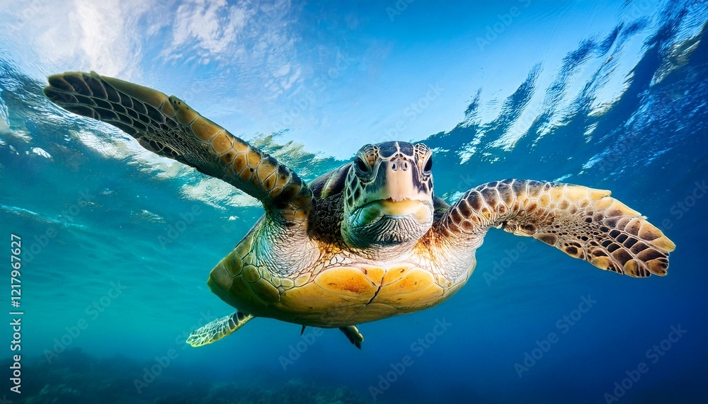 Obraz premium create an eye level view of a green turtle chelonia mydas swimming directly towards the camera
