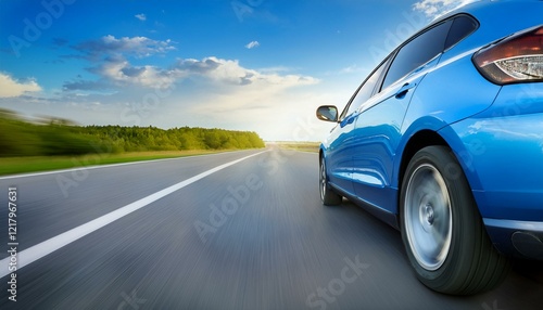 rear view of blue business car on high speed in turn blue car rushing along a high speed highway photo