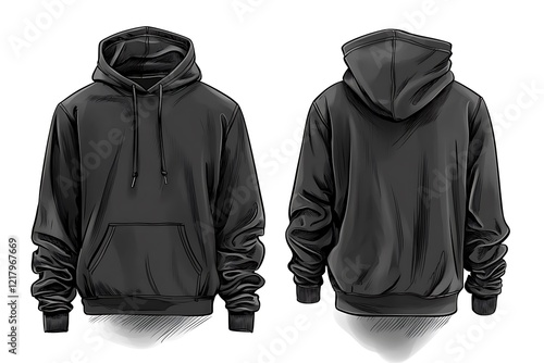 Technical sketch of a black hoodie sweatshirt, front and back views for clothing design and tech pack purposes.