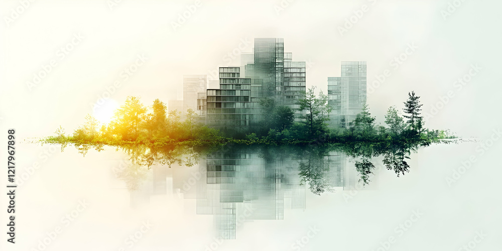 Fototapeta premium Sunrise Cityscape, Green Reflection