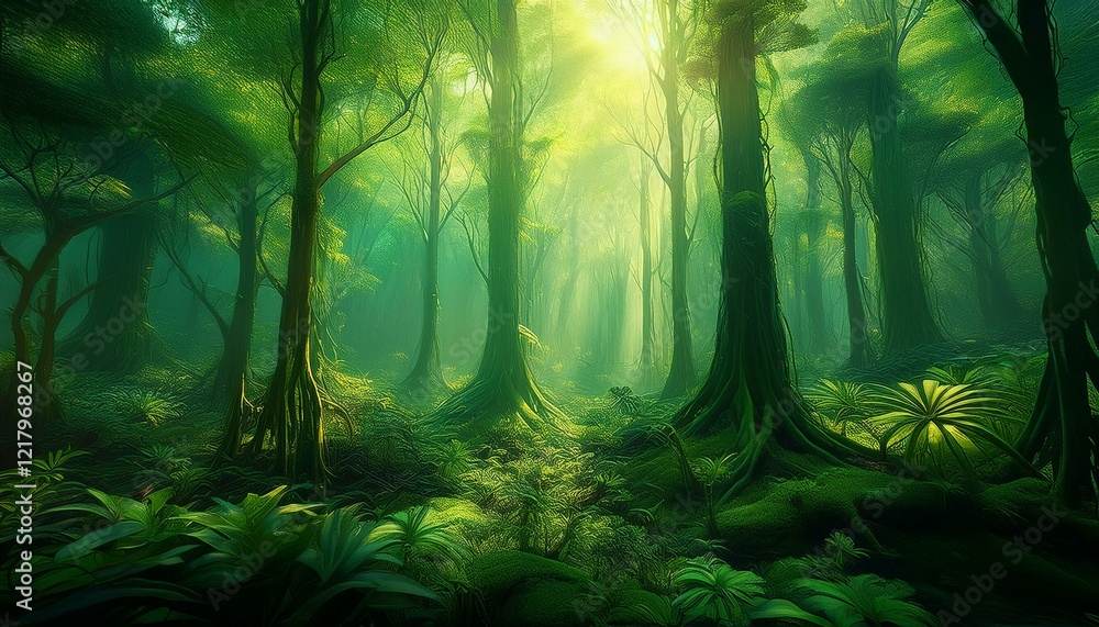 Obraz premium lush green vertical forest scene with light effects