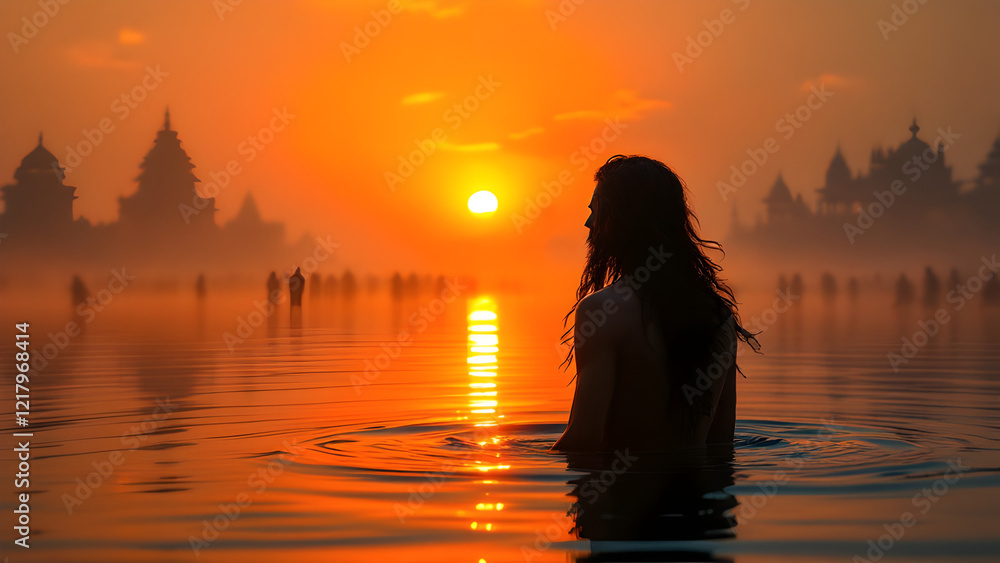 Indian Hindu sadhu taking holy bath in sacred river during Kumbh Mela religious gathering. Indian Hindu sadhu taking holy bath in sacred river during Kumbh Mela religious gathering.
