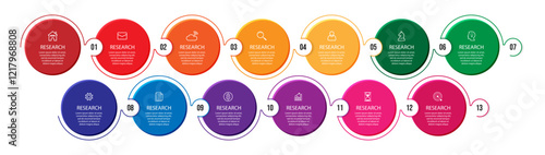 Business Infographic Template Design. Timeline with 13 marketing steps, options and icons. Vector linear infographic with eleven connected elements. Can be used for presentations in your business.