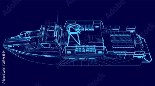 Blue boat wireframe. The boat is shown in a blue color scheme