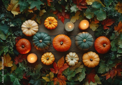 Wallpaper Mural Autumn Decor Display Featuring Colorful Pumpkins and Candles Surrounded by Vibrant Fall Leaves in a Rustic Arrangement for Seasonal Celebration Torontodigital.ca