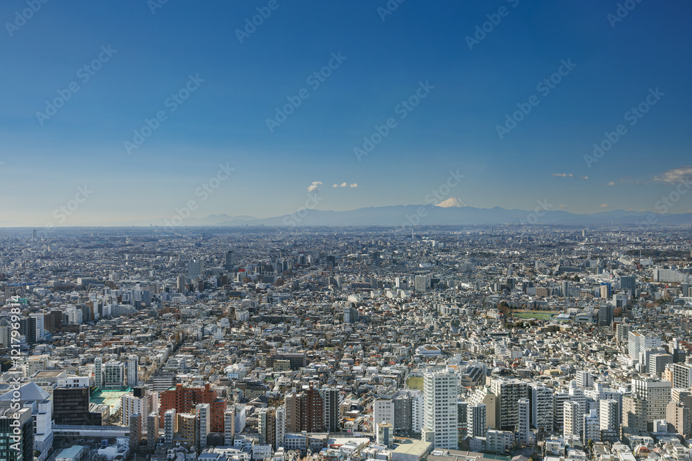 Obraz premium 東京都庁展望台から見た眼下に広がる街並みと遠くにそびえる富士山