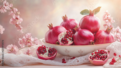 a festive arrangement of pomegranates, some whole and others opened to reveal their seeds, placed in a decorative bowl on a Persian cloth