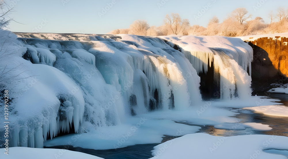 A stunning frozen waterfall with ice formations, surrounded by a serene winter landscape, capturing the beauty of nature in a tranquil moment. A stunning frozen waterfall with ice formations, surrounded by a serene winter landscape, capturing the beauty of nature in a tranquil moment.
