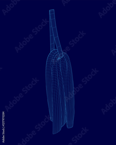 Blue towel is hanging from a hook. The towel is long and has a blue pattern