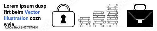 Lock symbol, stacks of coins, and briefcase illustrating business security and financial growth. Ideal for security services, finance, corporate presentations, investment topics, economic growth