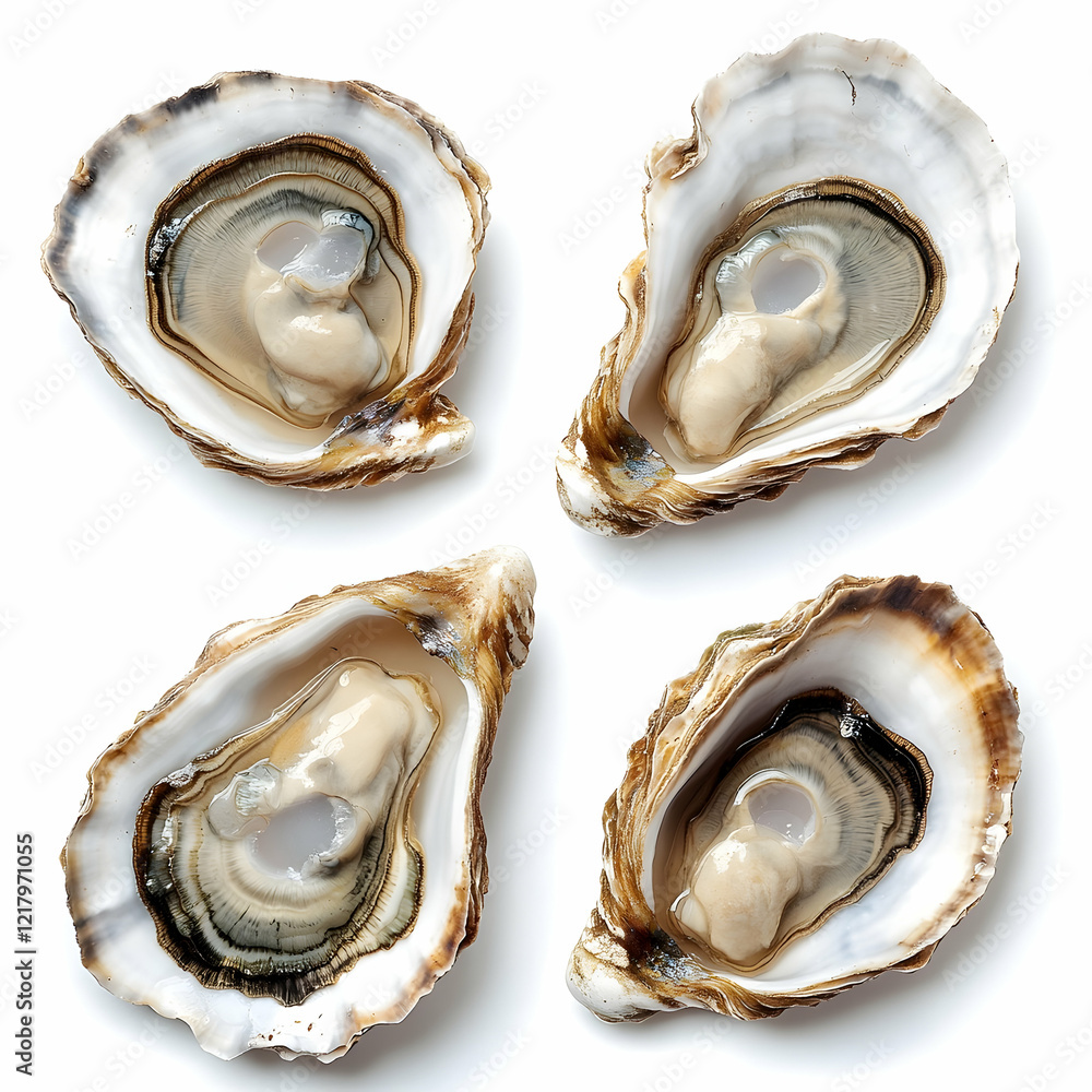 Four fresh oysters, overhead shot, white background, seafood platter Four fresh oysters, overhead shot, white background, seafood platter