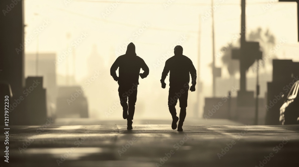 Two men jogging at sunrise in an urban setting. Two men jogging at sunrise in an urban setting.