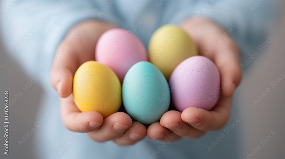 A child’s hands holding colorful pastel Easter eggs, symbolizing joy, tradition, and celebration of springtime. A child’s hands holding colorful pastel Easter eggs, symbolizing joy, tradition, and celebration of springtime.
