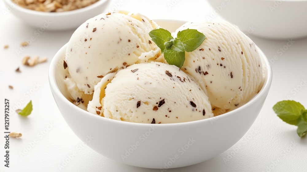 A close-up of a bowl of creamy vanilla ice cream with chocolate chips and fresh mint garnish. A close-up of a bowl of creamy vanilla ice cream with chocolate chips and fresh mint garnish.